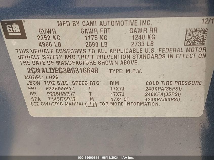 2011 Chevrolet Equinox 1Lt VIN: 2CNALDEC3B6316648 Lot: 39600614