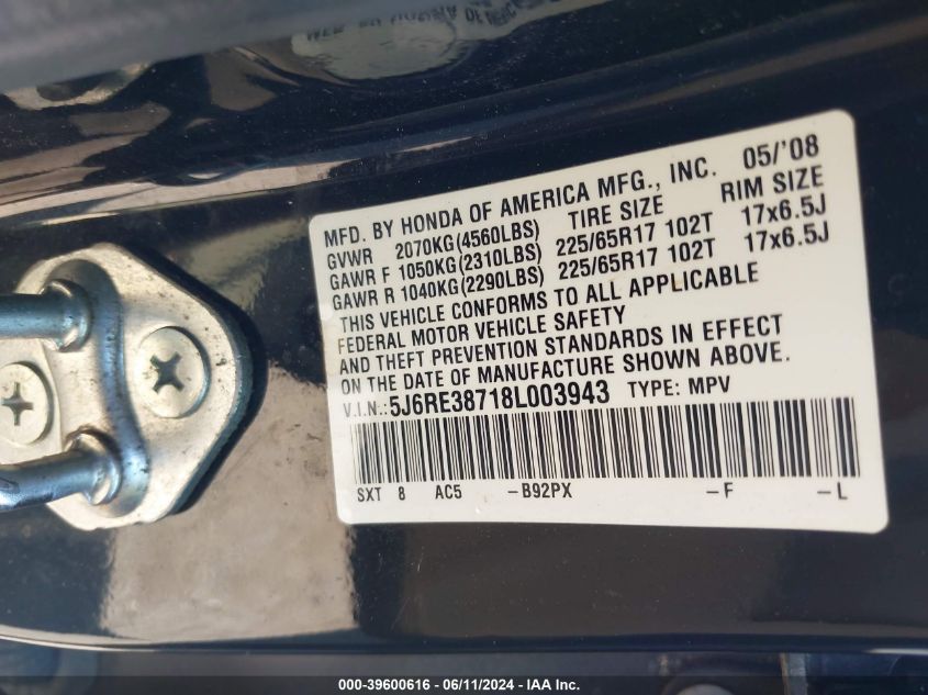 2008 Honda Cr-V Ex-L VIN: 5J6RE38718L003943 Lot: 39600616