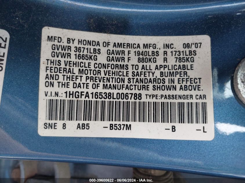 2008 Honda Civic Lx VIN: 1HGFA16538L006788 Lot: 39600622