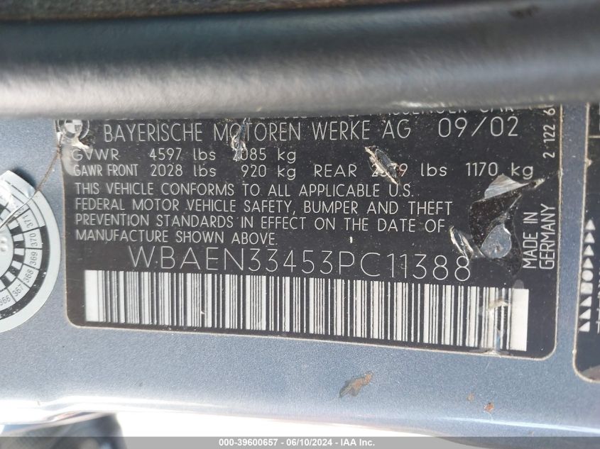 2003 BMW 325It VIN: WBAEN33453PC11388 Lot: 39600657