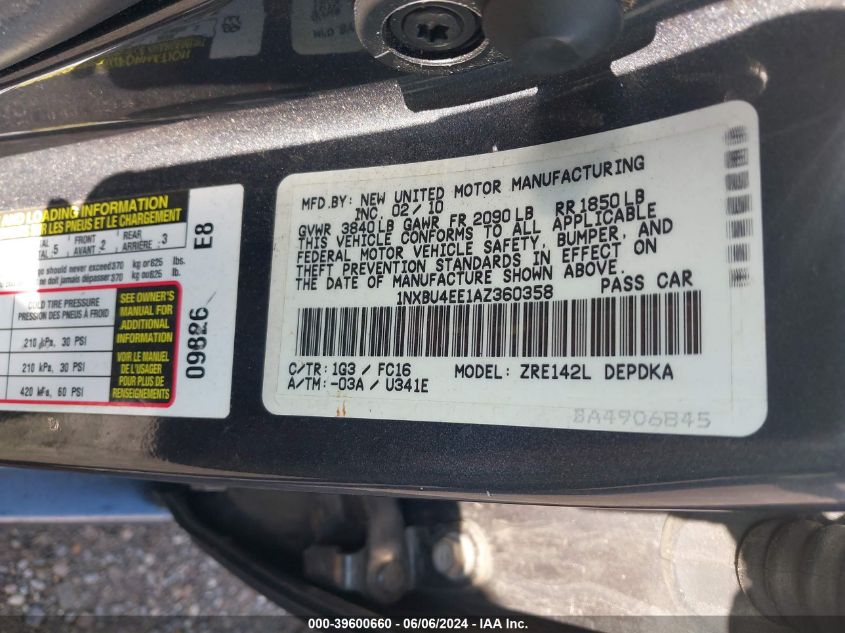 2010 Toyota Corolla Le VIN: 1NXBU4EE1AZ360358 Lot: 39600660