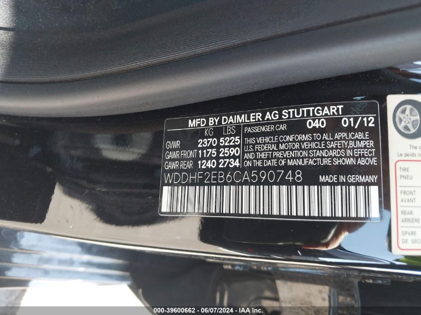 2012 Mercedes-Benz E 350 Bluetec VIN: WDDHF2EB6CA590748 Lot: 39600662