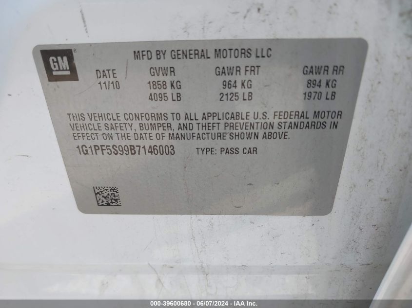 2011 Chevrolet Cruze 1Lt VIN: 1G1PF5S99B7146003 Lot: 39600680