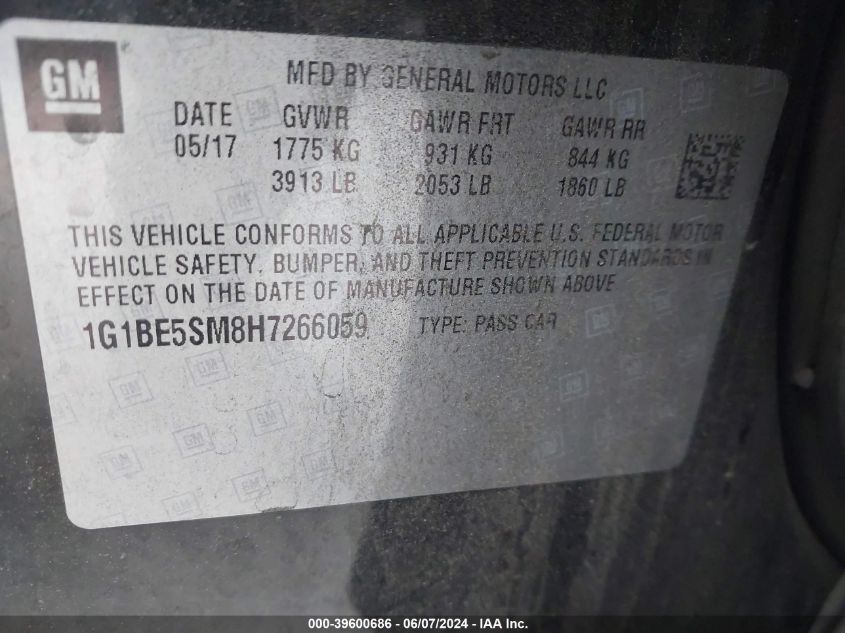 2017 Chevrolet Cruze Lt Auto VIN: 1G1BE5SM8H7266059 Lot: 39600686