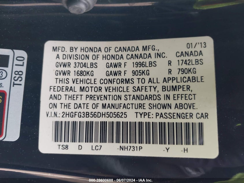 2013 Honda Civic Lx VIN: 2HGFG3B56DH505625 Lot: 39600688