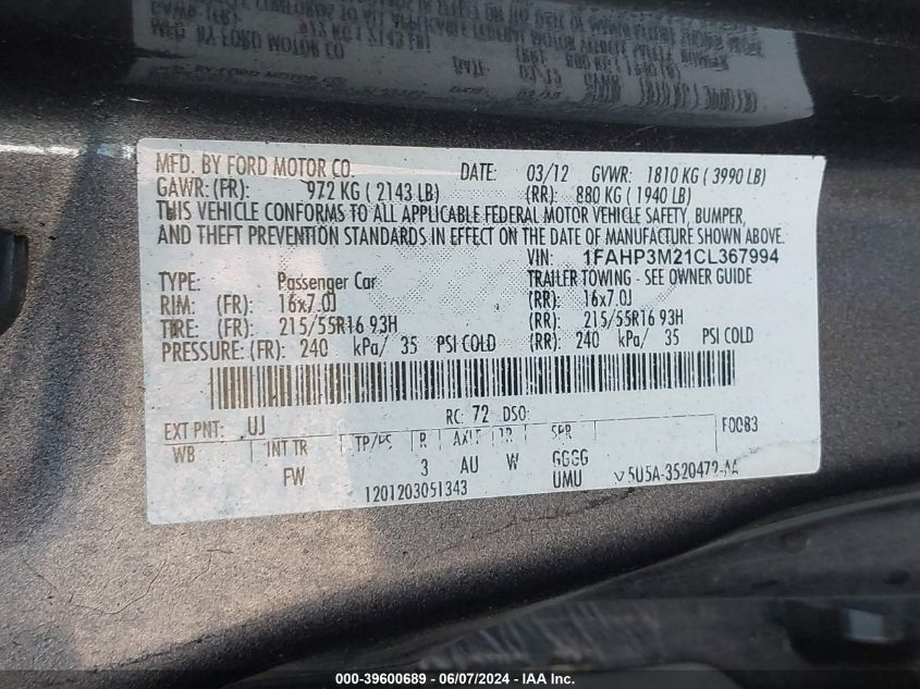 2012 Ford Focus Sel VIN: 1FAHP3M21CL367994 Lot: 39600689