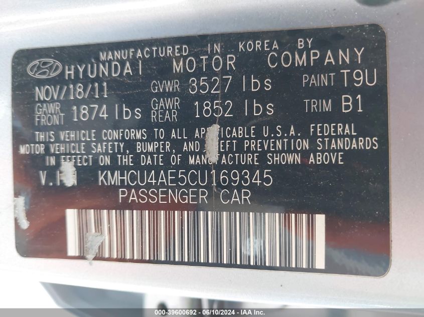 2012 Hyundai Accent Gls VIN: KMHCU4AE5CU169345 Lot: 39600692