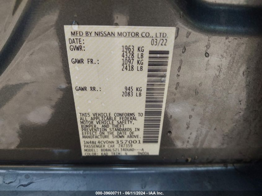 2022 Nissan Altima Sr Fwd VIN: 1N4BL4CV0NN357001 Lot: 39600711