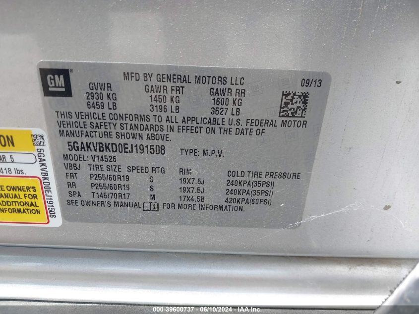 2014 Buick Enclave Leather VIN: 5GAKVBKD0EJ191508 Lot: 39600737