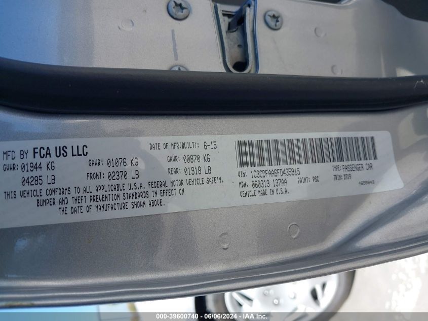 2015 Dodge Dart Se VIN: 1C3CDFAA6FD435915 Lot: 39600740