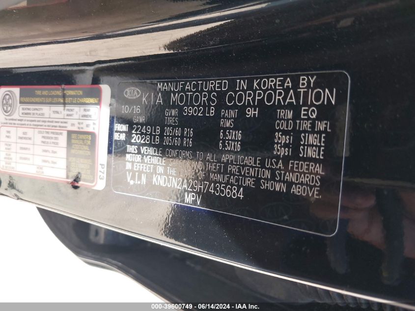 2017 Kia Soul VIN: KNDJN2A29H7435684 Lot: 39600749