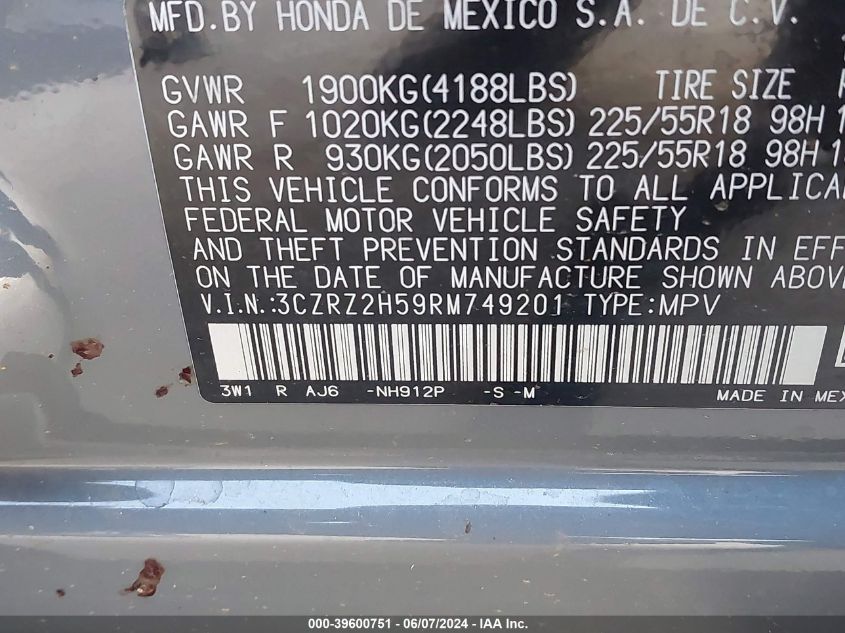 2024 Honda Hr-V VIN: 3CZRZ2H59RM749201 Lot: 39600751