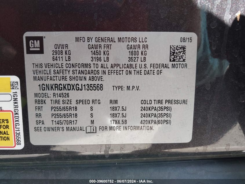 2016 Chevrolet Traverse 1Lt VIN: 1GNKRGKDXGJ135568 Lot: 39600752