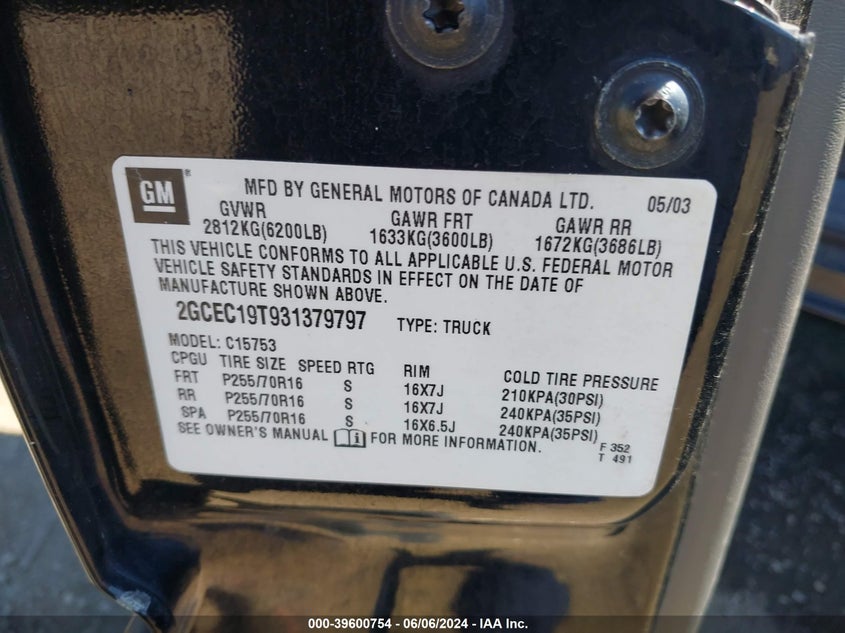 2003 Chevrolet Silverado 1500 Ls VIN: 2GCEC19T931379797 Lot: 39600754