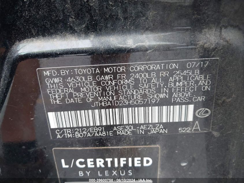 2017 Lexus Is 200T VIN: JTHBA1D23H5057197 Lot: 39600758