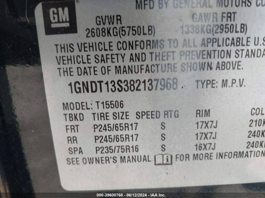 2008 Chevrolet Trailblazer Lt VIN: 1GNDT13S382137968 Lot: 39600768