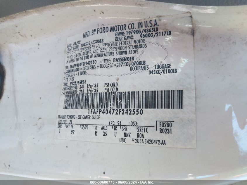 2002 Ford Mustang VIN: 1FAFP40472F242550 Lot: 39600773