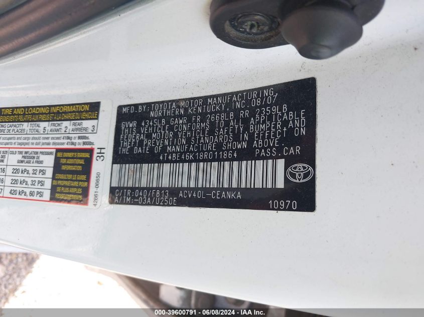 2008 Toyota Camry Le VIN: 4T4BE46K18R011864 Lot: 39600791
