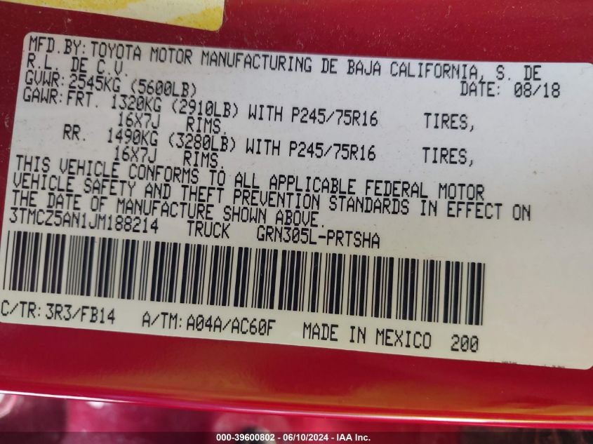 2018 Toyota Tacoma Sr V6 VIN: 3TMCZ5AN1JM188214 Lot: 39600802
