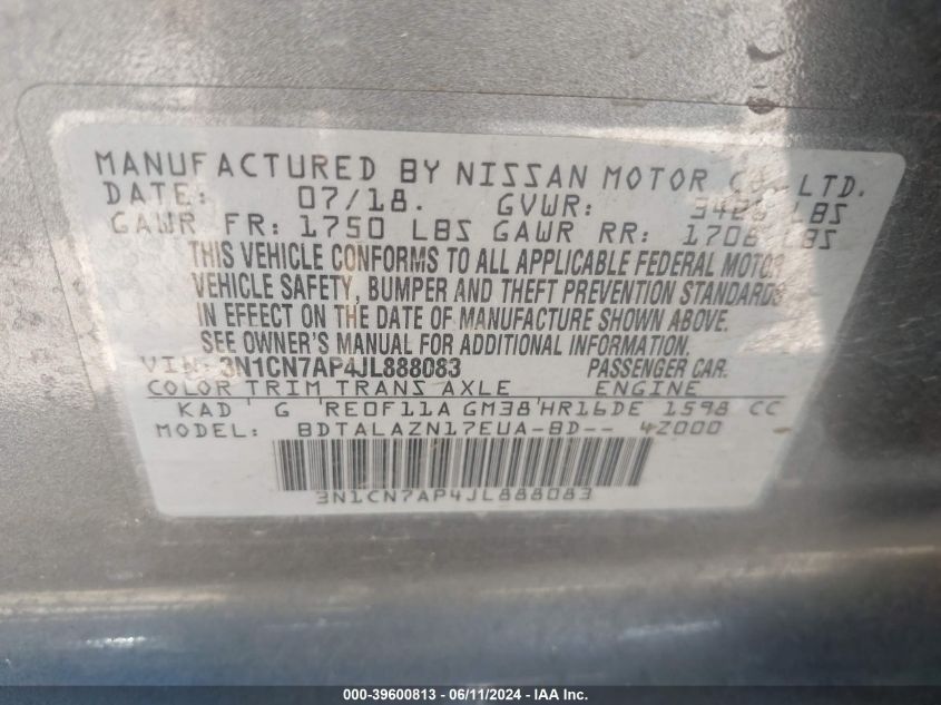 2018 Nissan Versa 1.6 S+ VIN: 3N1CN7AP4JL888083 Lot: 39600813
