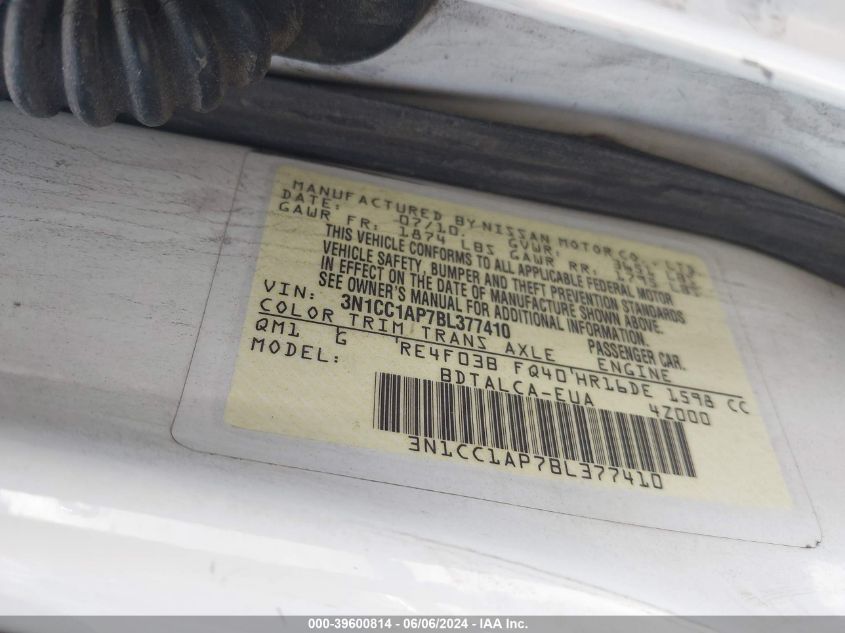 2011 Nissan Versa 1.6 VIN: 3N1CC1AP7BL377410 Lot: 39600814