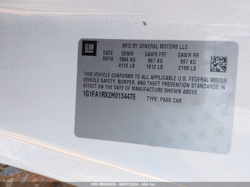 2017 Chevrolet Camaro 1Lt VIN: 1G1FA1RX2H0134476 Lot: 39600824
