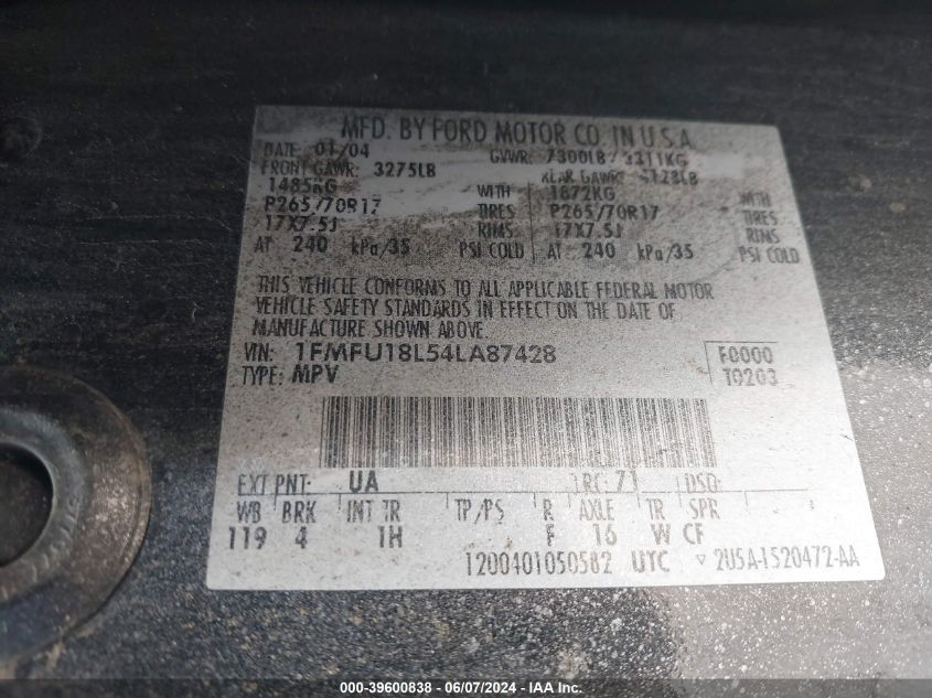 2004 Ford Expedition Eddie Bauer VIN: 1FMFU18L54LA87428 Lot: 39600838