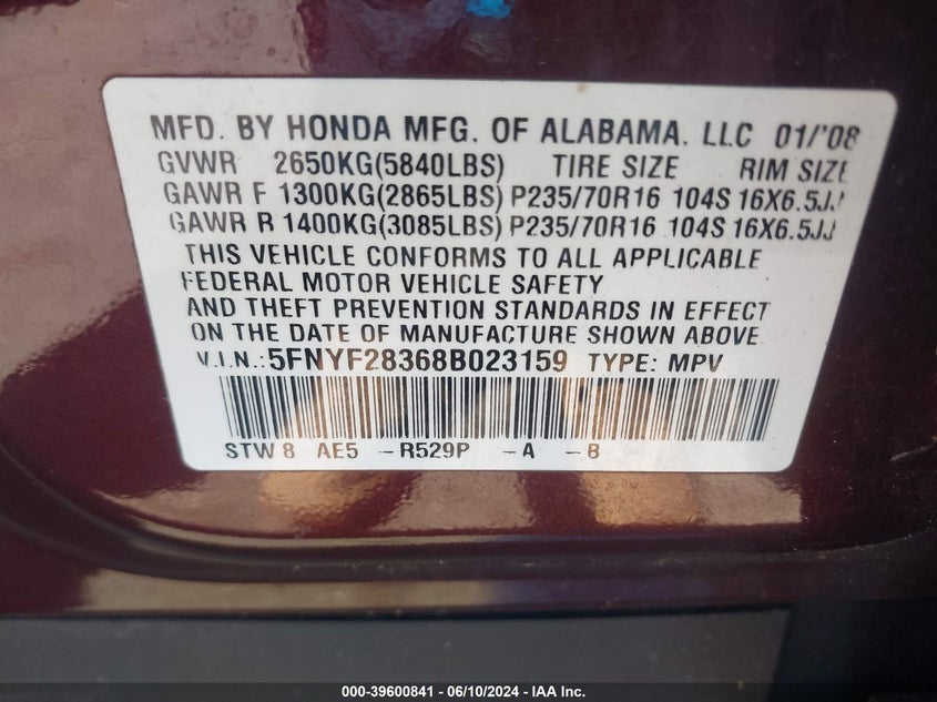 2008 Honda Pilot Se VIN: 5FNYF28368B023159 Lot: 39600841