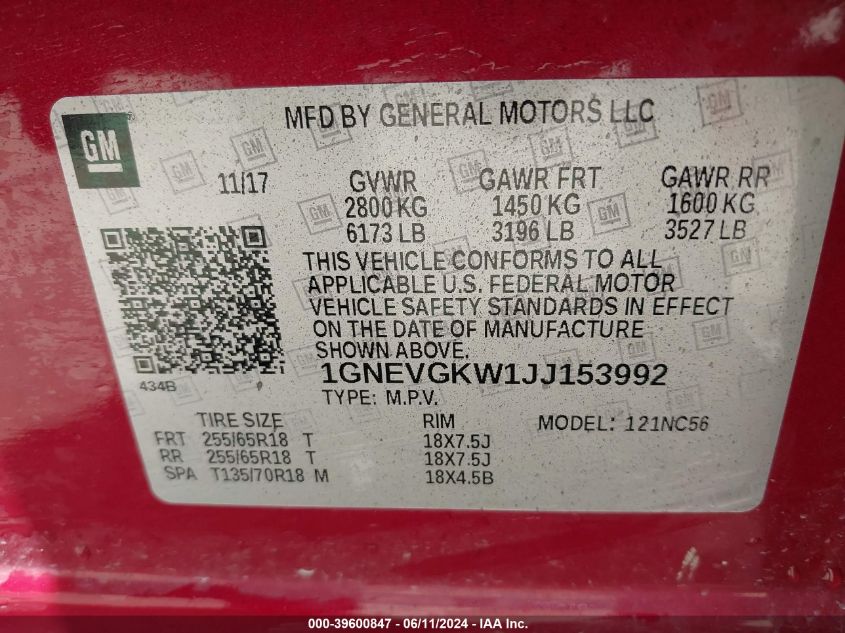 2018 Chevrolet Traverse 1Lt VIN: 1GNEVGKW1JJ153992 Lot: 39600847