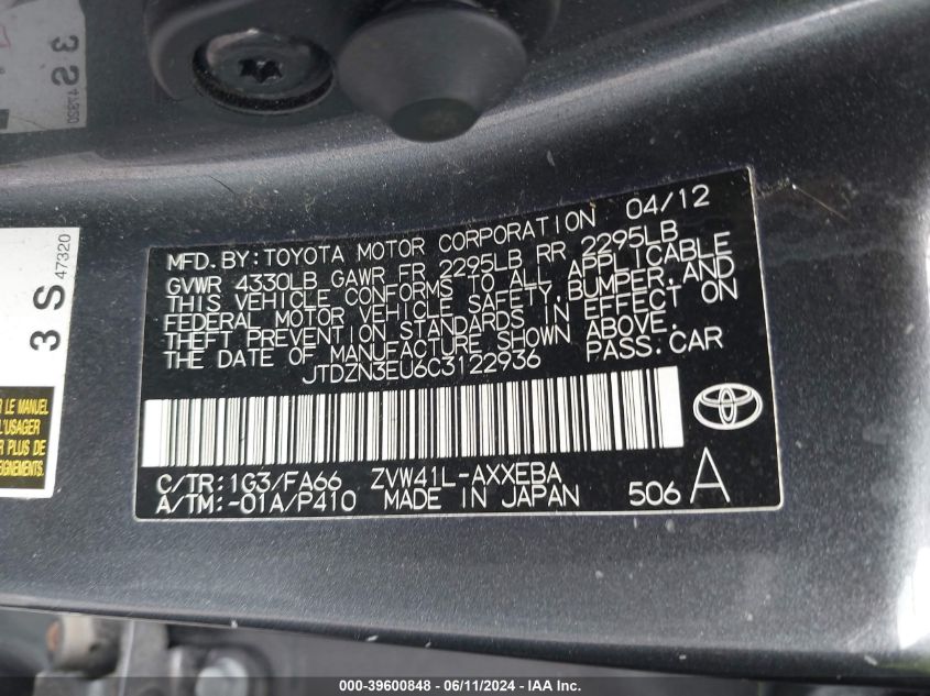 2012 Toyota Prius V Three VIN: JTDZN3EU6C3122936 Lot: 39600848