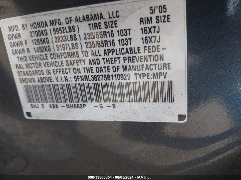 2005 Honda Odyssey Lx VIN: 5FNRL38275B110929 Lot: 39600854