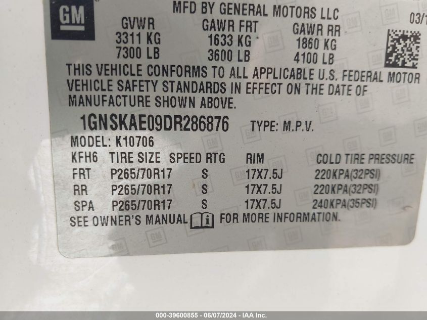 2013 Chevrolet Tahoe Ls VIN: 1GNSKAE09DR286876 Lot: 39600855