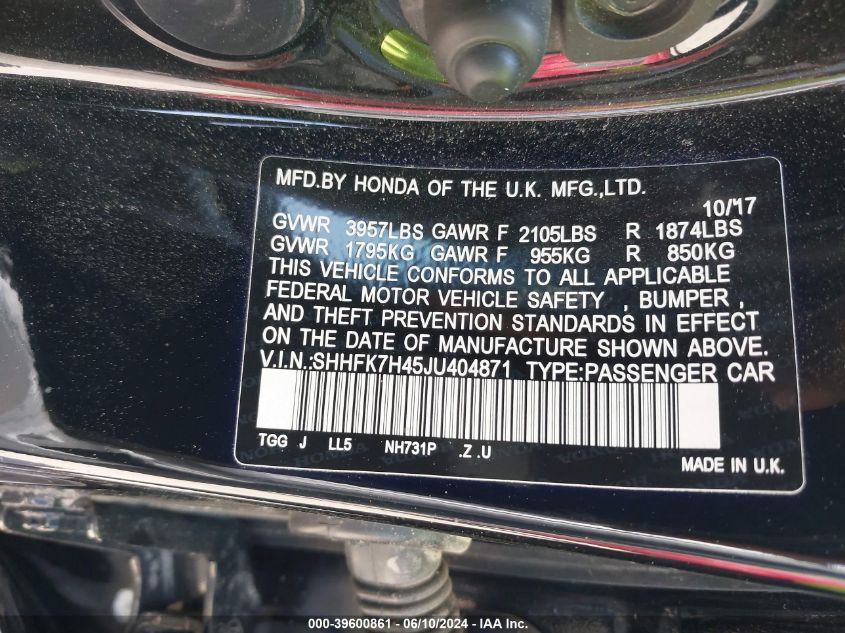 2018 Honda Civic Sport VIN: SHHFK7H45JU404871 Lot: 39600861