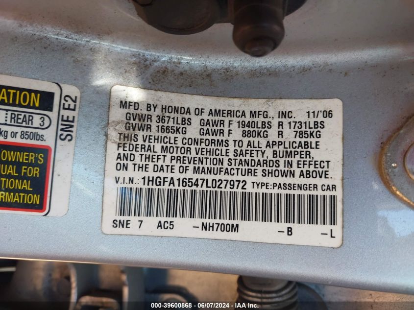 2007 Honda Civic Lx VIN: 1HGFA16547L027972 Lot: 39600868