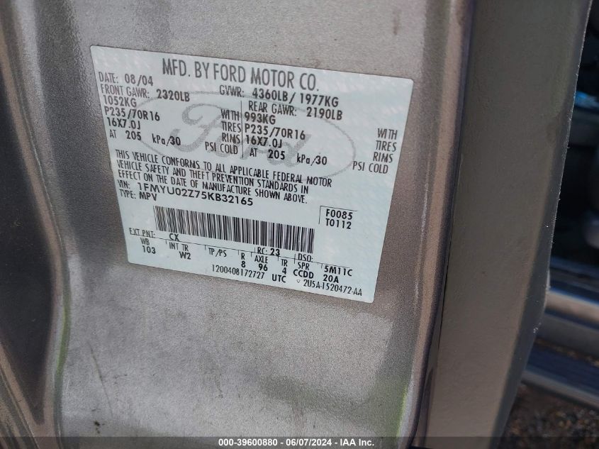 2005 Ford Escape Xls VIN: 1FMYU02Z75KB32165 Lot: 39600880