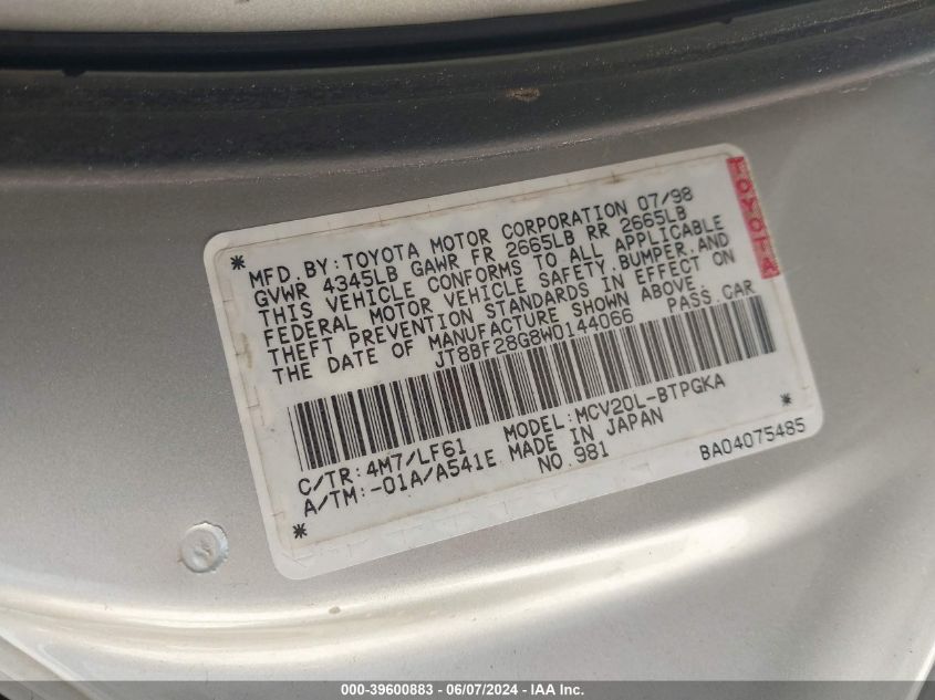 1998 Lexus Es 300 VIN: JT8BF28G8W0144066 Lot: 39600883