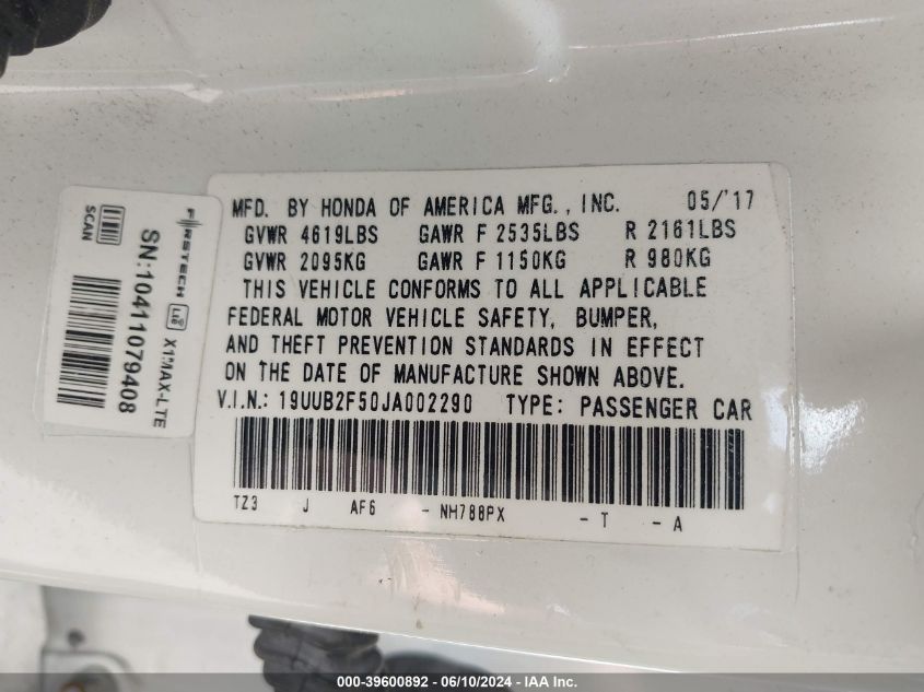 2018 Acura Tlx Tech Pkg VIN: 19UUB2F50JA002290 Lot: 39600892