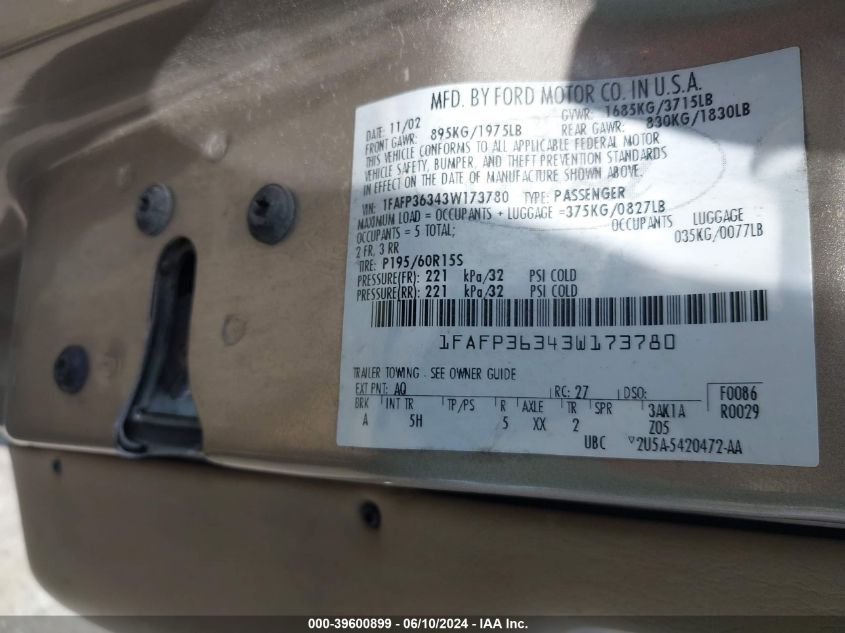 2003 Ford Focus Se/Ztw VIN: 1FAFP36343W173780 Lot: 39600899