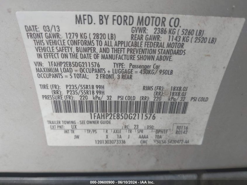 2013 Ford Taurus Sel VIN: 1FAHP2E85DG211576 Lot: 39600900