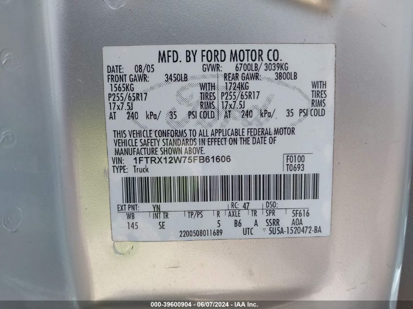 2005 Ford F-150 Stx/Xl/Xlt VIN: 1FTRX12W75FB61606 Lot: 39600904