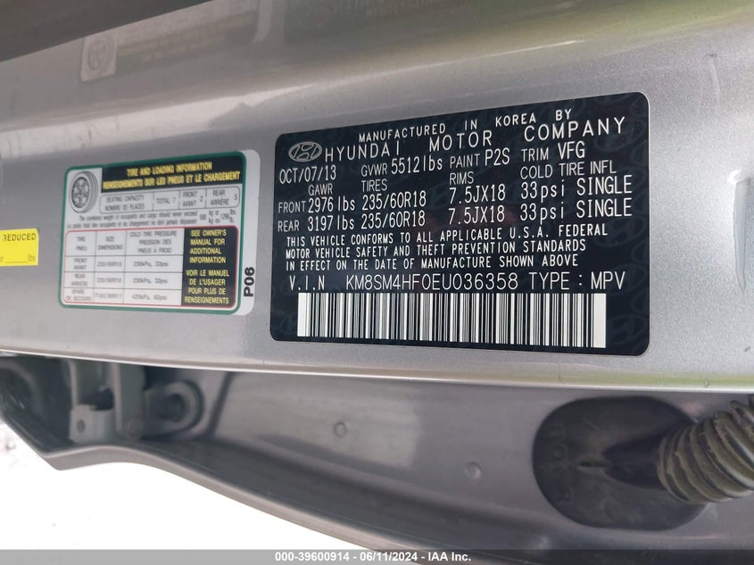 2014 Hyundai Santa Fe Gls VIN: KM8SM4HF0EU036358 Lot: 39600914
