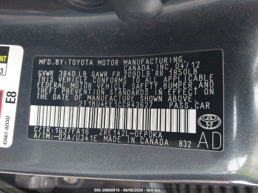 2012 Toyota Corolla L VIN: 2T1BU4EE1CC843627 Lot: 39600918