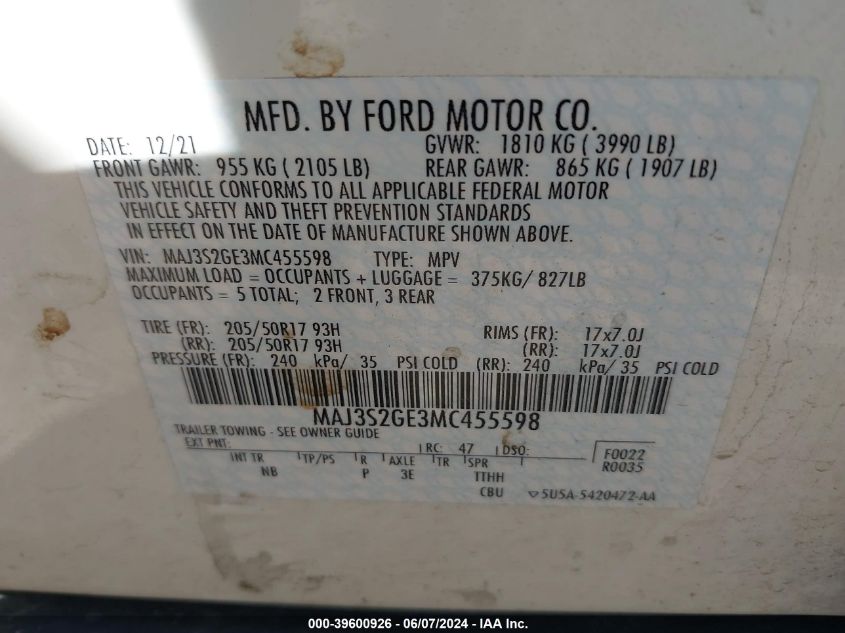 MAJ3S2GE3MC455598 2021 Ford Ecosport Se