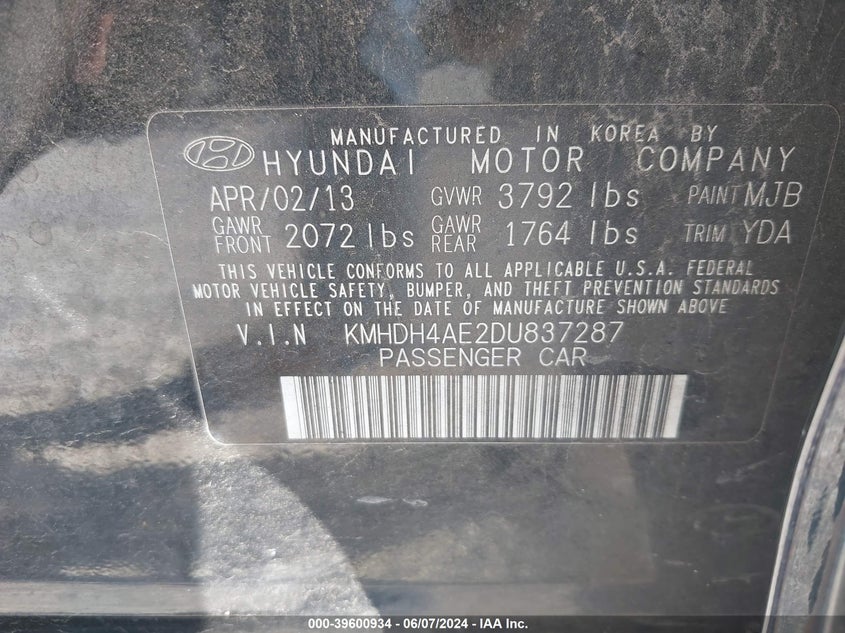 2013 Hyundai Elantra Limited VIN: KMHDH4AE2DU837287 Lot: 39600934