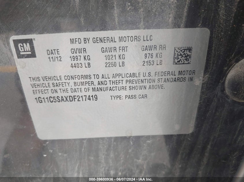 2013 Chevrolet Malibu 1Lt VIN: 1G11C5SAXDF217419 Lot: 39600936