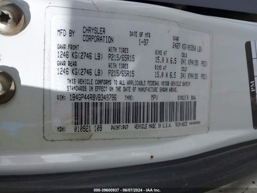 1997 Dodge Grand Caravan Se VIN: 1B4GP44R8VB349796 Lot: 39600937
