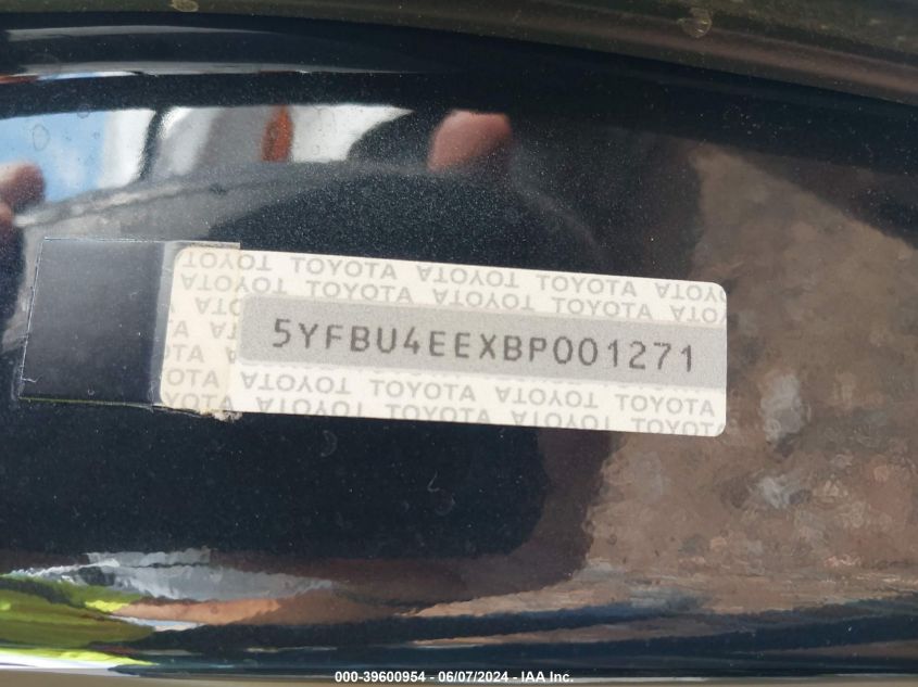 2011 Toyota Corolla Le VIN: 5YFBU4EEXBP001271 Lot: 39600954