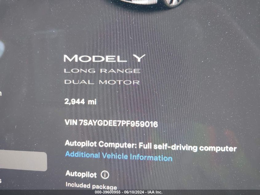 2023 Tesla Model Y Awd/Long Range Dual Motor All-Wheel Drive VIN: 7SAYGDEE7PF959016 Lot: 39600955