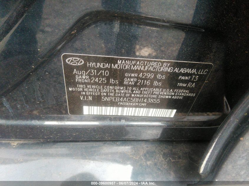 5NPEB4AC5BH143855 2011 Hyundai Sonata Gls