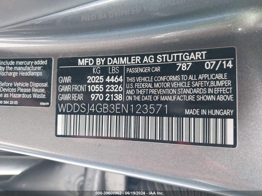 WDDSJ4GB3EN123571 2014 Mercedes-Benz Cla 250 4Matic